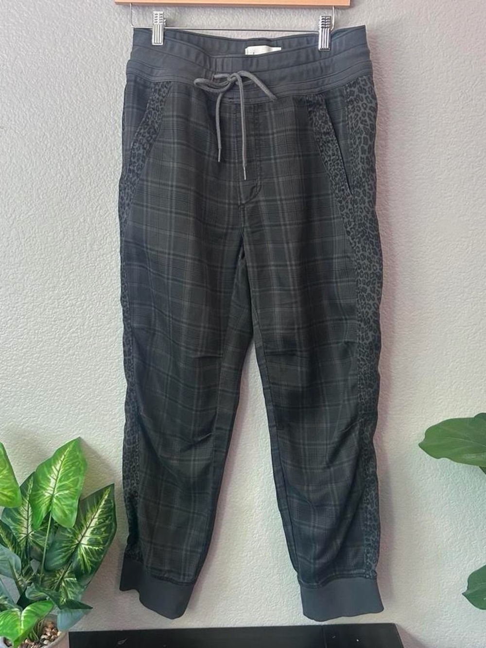 Anthropologie Black Plaid Jogger Pants with Leopard Side Panels